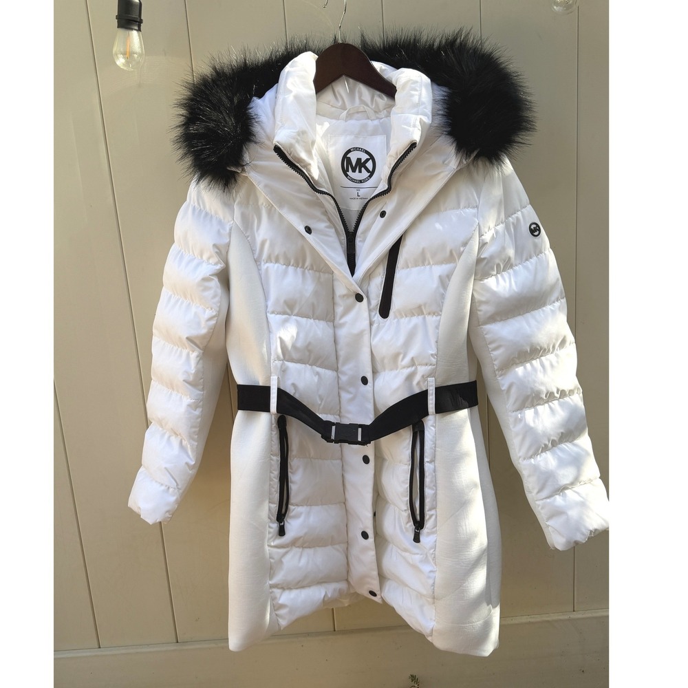 Michael Kors White Puffer Coat Faux Fur Hood Belted Parka Jacket Large